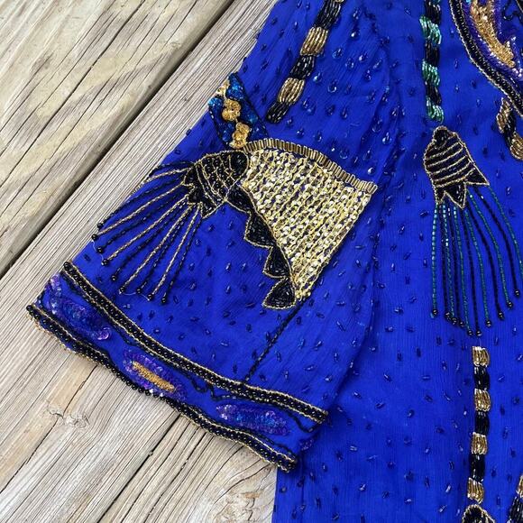 Laurence Kazar Vintage Royal Blue Beaded 100% Silk Evening Blouse Size M - Picture 3 of 10